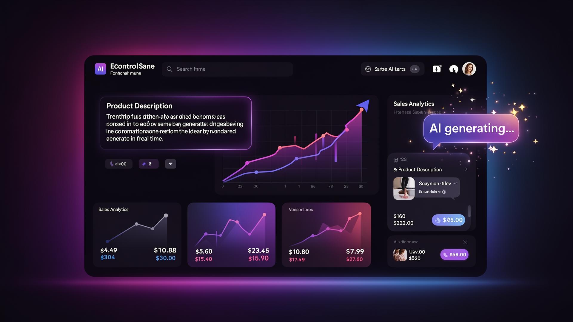 ShopAI Buddy dashboard generating product descriptions and analytics